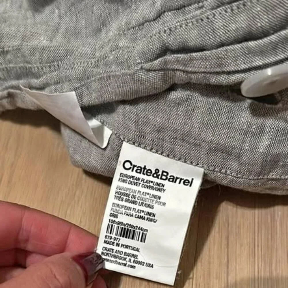Crate & Barrel Heathered Grey KING 100% European Linen Duvet Cover